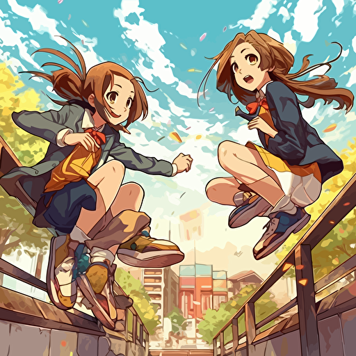 two anime manga styled girls form K-ON anime manga are doing kicks on a bench, in the style of multilayered dimensions, kawaiipunk, manga style, aerial view, illustrative, animal intensity, wimmelbilder, playful recombinations, strong use of color, high-angle