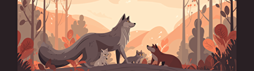 vector illustration of a wolf nursing her little cubs, forest scenery