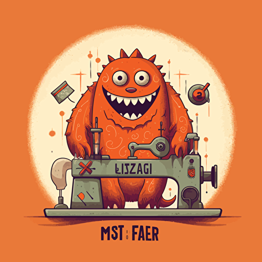 flat vector, logo, a nice tailor monster, sewing professional, next to sewing machine, happy, warm colors