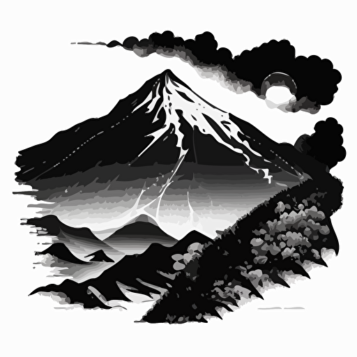 hokusai style drawing of mountains, vector art, 2d, black and white