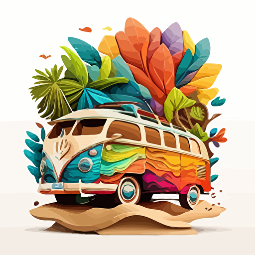 logo, white background, vector, woody wagon, beach elements, sunny day, vibrant colors, v5