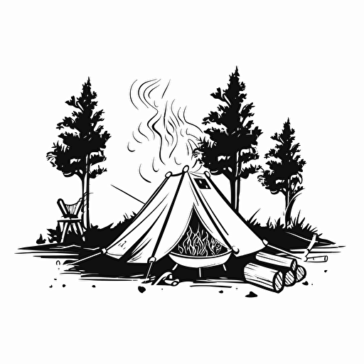 campfire at campsite, black and white vector, on white isolated