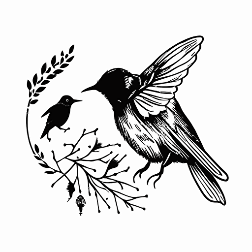 vector line drawing, minimalistic outline logo of bumble bee and black raven bird