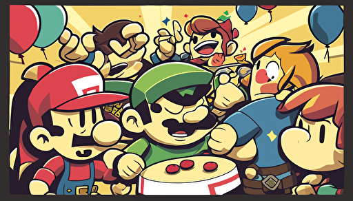 super smash bros at a birthday party, vector art, flat background