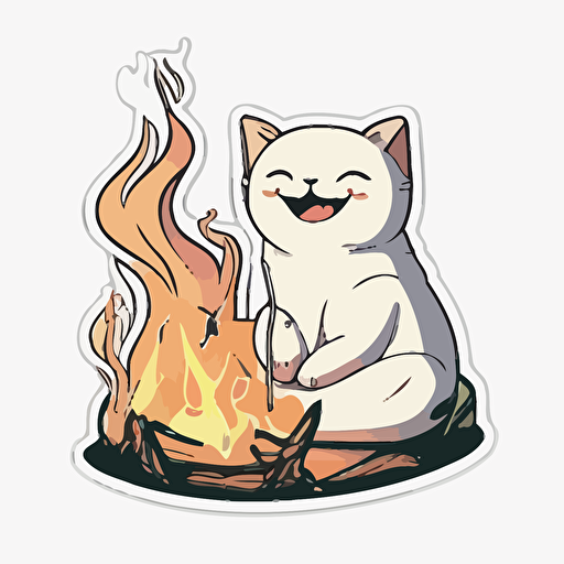 sticker, smiling cat sitting next to a campfire, liu yi artist style, vector, contour, white background