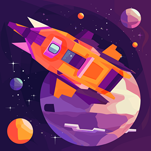 spaceship flying in space, satellite, asteroids, 2D, vector, flat art, fedex purple and orange