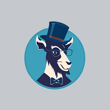 A minimalist flat vector design of a distinguished gentleman goat, sporting a monocle and top hat, with a stylish bow tie and a refined expression, effortlessly combining sophistication with the playful nature of a goat mascot, ideal for a Quote Goat YouTube channel logo