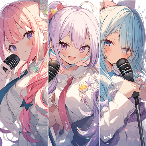 a group of 4 singers, cel shading, clear vector art, bright colors, light smiles, pastel colors