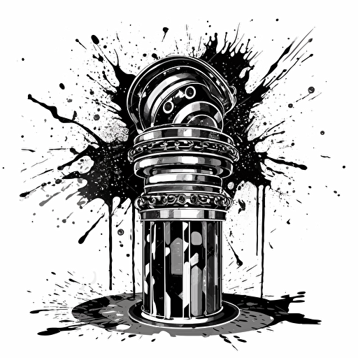 car engine piston with splattered ink behind it all black and white contour vector design with solid background