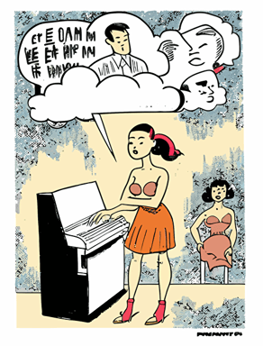 Ben Shahn, American art comic book style, an Asian young climate activist, a Asian feminist, a female human rights activist, and a female worker imagine a "hammer" and a "keyboard," together on a big stage, hammer and keyboard illust in a thought cloud, Non-letter illustration. white background, vector, illust