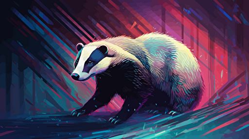 A clever badger, triumphantly eliminating irregularities in time series data and value deviations, digital illustration, vivid colors, vector style, futuristic environment, data visualizations in the background, well-lit, sharp details, Canon EOS 5D Mark IV, 35mm f/1.4 lens, ISO 100, f/2.8, Adobe Illustrator