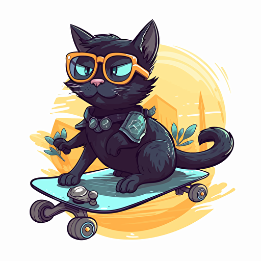 a vector illustration of a black cat riding a longboard skate, sticker design, the cat has cool sunglasses, isolated on white background