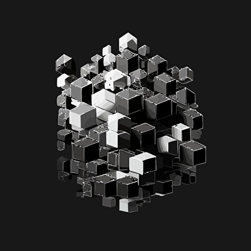 logo, minimalist, vectorized, gray and black colors on the exterior print layer , delicacy, interlayer of small colored cubes inside, with different shades, black background