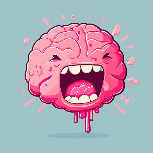 a pink Cerebrum with the wrinkles. the cerebrum should be in 2d vector. cute. mouth dribbling rainbow out of the mouth downwards. in the style of adventure time. cute white eyes at the front of the brain. the brain should be high on drugs