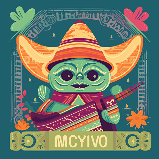 A poster for an event celebrating Cinco De Mayo featuring yoda dressed in traditional mexican attire, papel picado, tacos, churros, colorful and bright, spring colors, high-resolution, 18 inches x 24 inches, vector illustration