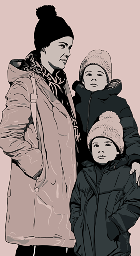 vector illustration of shawn emmett's wife, tom's two kids ivy & k, in the style of textural sensations, gray and black, genderless, paparazzi-style, light white and dark brown, natural fibers, light pink and dark black