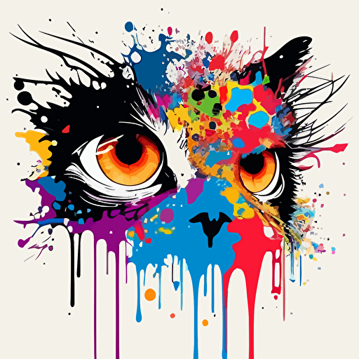 crazy cat in a splash of color, colorful eye, vector art, #e16347 complementary color scheme, popart style, dripping colors, clean white background