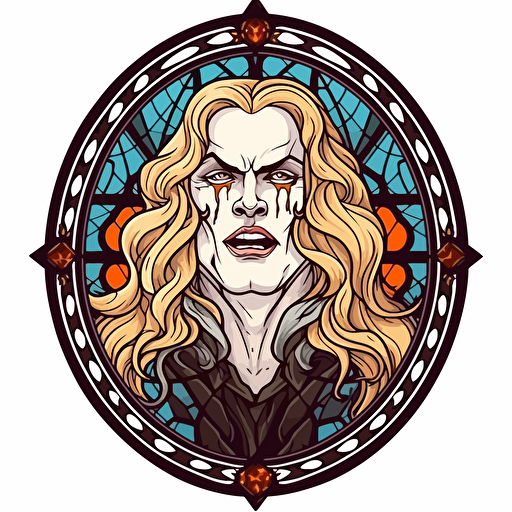 sticker, Lestat de Lioncourt showing his vampire fangs, Interview with the Vampire in Abigail Larson style, arced cathredal window frame, full color, contour, vector, white background