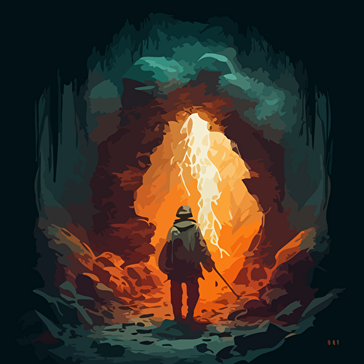Influenced by the idea of exploration, create a vector illustration of Satoshi Nakamoto discovering a hidden underground cave filled with ancient inscriptions about digital currencies. Set the scene in a mystical, mysterious environment.