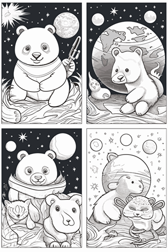 coloring pages for kids, 4 different animals separated by space, cartoon style, vector, little detail, no shadow, black and white, white background