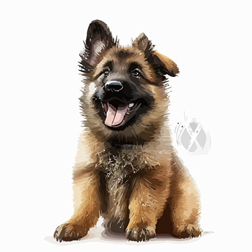 A baby fur Belgian Malinoise dog, smiling, white background, vector art , pixar style
