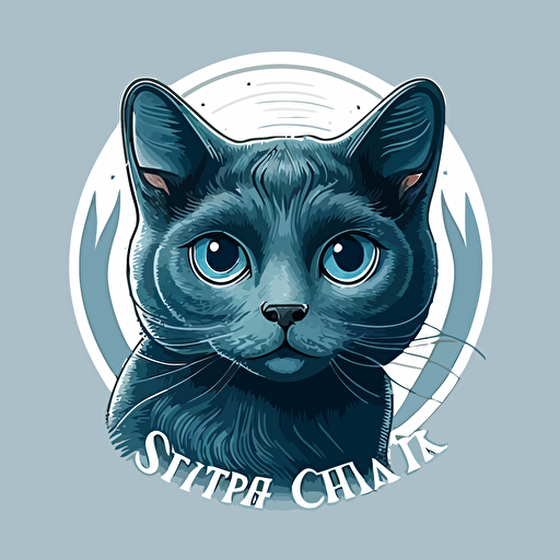 cat pet shop logo, Russian Blue, round face, smiling, big round eyes, lovely cute cat, cirble background, vector art style