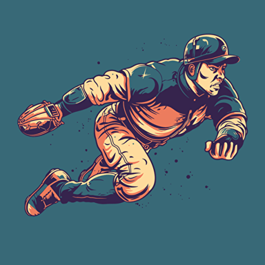 Create an image of a baseball player diving to catch a fly ball. Use a high-angle camera to capture the player's movement and the ball's trajectory. Use a dramatic color palette to enhance the mood vector style