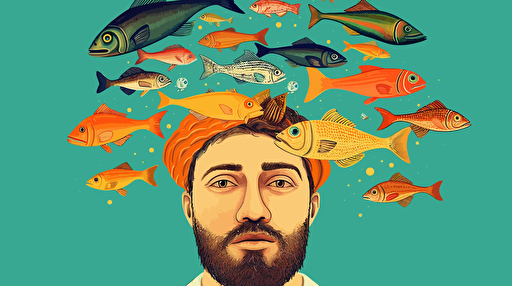 vector art of a man with fish swimming out of the top of his open head