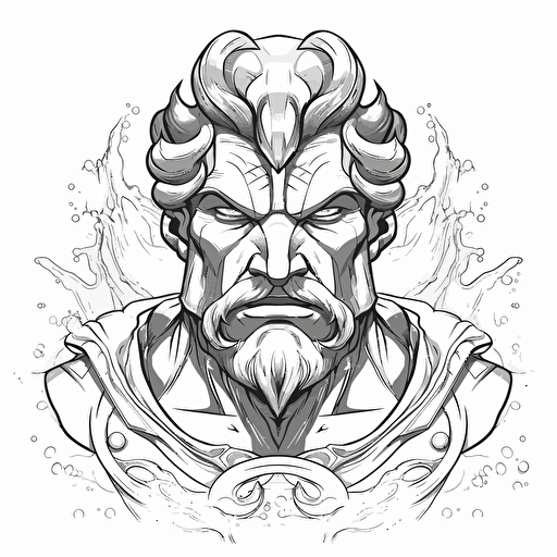 a water inspired ancient clever superhero bust, digital illustration, minimalism, concept art, vector draw, black and white, coloring page, outline only, powefull