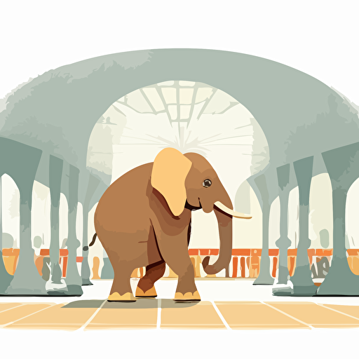 panoramic shot, elephant in zoo, majestic, children's book disney style, flat colors, 2d, vector, white background