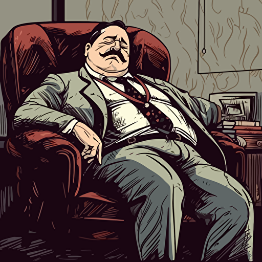 a chubby middle-aged attorney has fallen fast asleep, snoring loudly with his mouth open, sitting in an armchair, mustache, suit and tie, as a detailed vector image