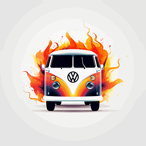 Create a modern colorful vector logo minimalism of a hot rod style Volkswagen van on white background in flames