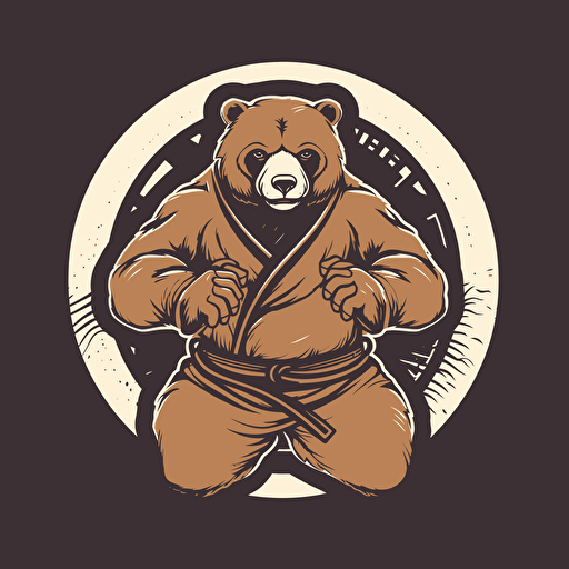 2d vector art, brown bear fighting jiu-jitsu, black belt, minimalist logo