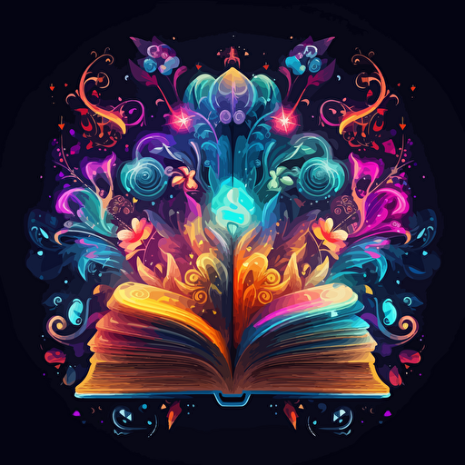 an open book, surrounded by elegant magical motifs, 2d vector, neon colours, epic composition, vector design on the edges of the image