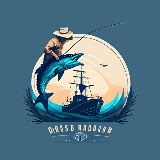 Logo design for an offshore fishing and scenic boat rides with a cowboy riding a blue marlin on the ocean, minimalist, flat, vector, 2D