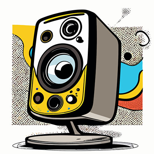 vector comic illustration in the style of Dave Gibbons of a floating high end stereo speaker facing forward, with a single woofer and tweeter on the speaker, and a 2pt black stroke outline around the image, colorful, Dave Gibbons-inspired art on a white background