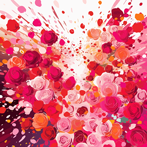 burst of many roses at many sizes like splatterd confetti, vector artwork