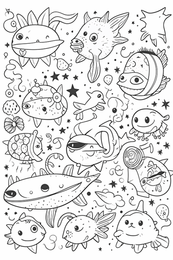 colouring book for kids, set of different animals separated by a space, cartoon style, vector, few details, no shadow, black and white