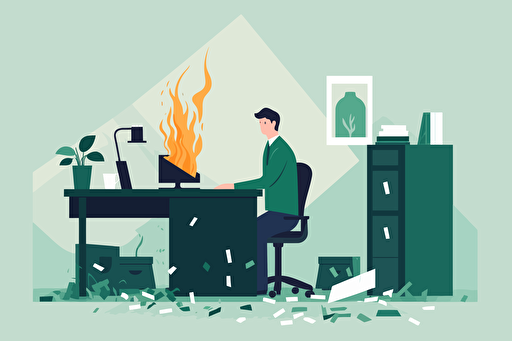 Person in an office next to a trash fire, flat style illustration for business ideas, flat design vector, industrial, light and magical, high resolution, entrepreneur, colored cartoon style, light green and dark green, cad( computer aided design) , white background