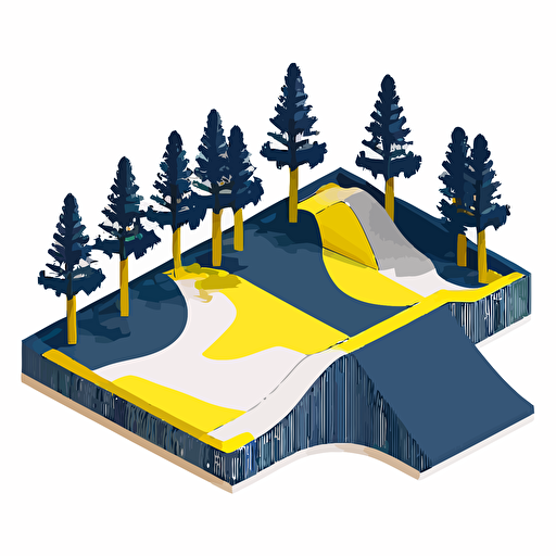 2d flat vector of a skatepark in Sweden, white background, dark blue and Warg yellow colors