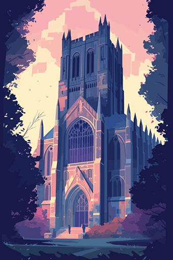 Flat vector art illustration featuring The Ripon Cathedral United Kingdom, Pastel blues, purples, and pinks, Wide Angle, no text
