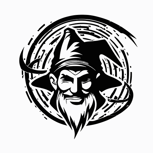 minimalistic pop art iconic logo of grinning wizard wearing headphones, black vector, on white background
