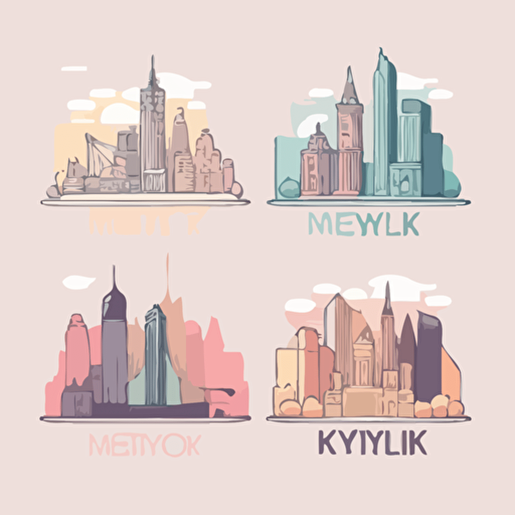 Cute NYC skyline vector drawing, cartoon style, flat, 2d, soft color tone, outline, by teeturtle, Trending on artstation