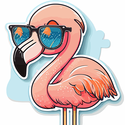 sticker, a Cute Flamingo with sunglasses, kawaii, contour, vector, white background