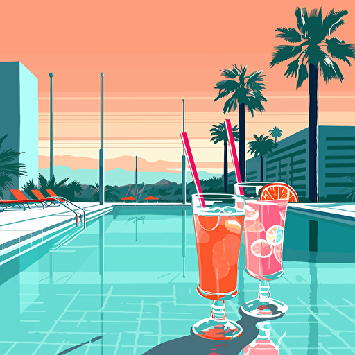 80's, poolside, city pop, palm trees, California, cocktails, vector art