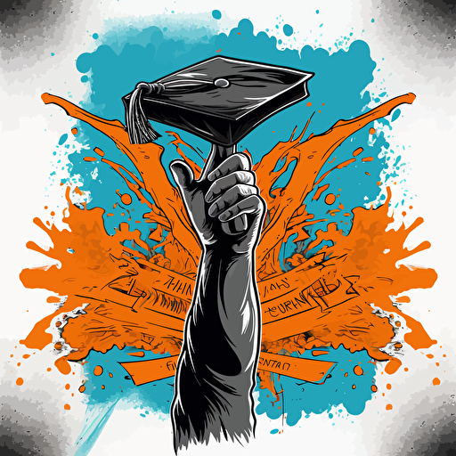 a vector image of a black hand grasping a college diploma and holding it high into the air, blue and orange and dark gray, graffiti style