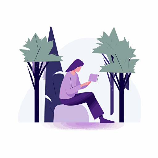 A person reading through a book, forest background, vector, flat art, simple, minimalistic, light purples, white background
