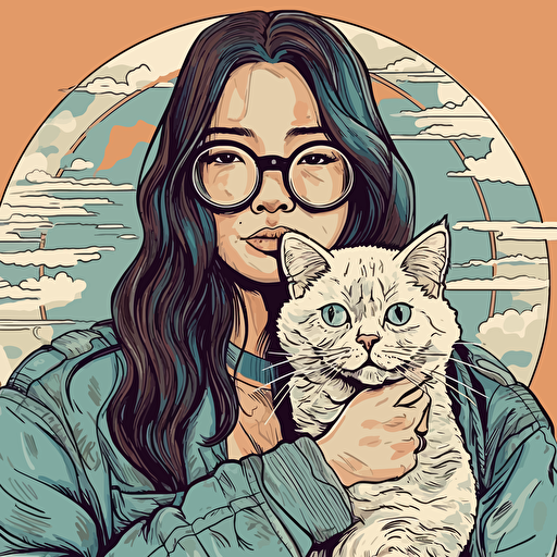 vector art style, 22 year old white asian female, thick rim glasses, holding a cat, in the style of Michael Parks