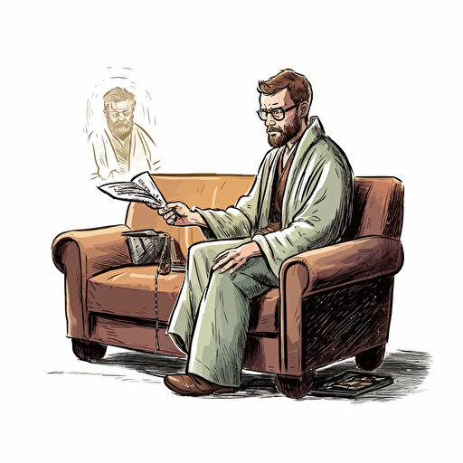 luke skywaker in jedi robes holding a lightsaber, lying on a psychiatrists couch looking worried and confused. as a psychiatrist wearing a suit and wearing glasses, writing in a notebook, is sat opposite in a big leather chair, comic book style vector drawing white background