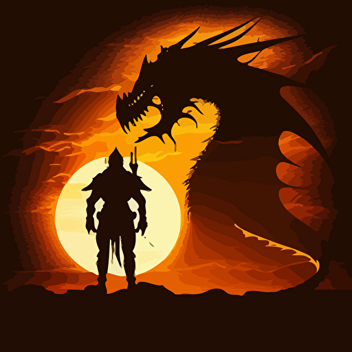 vector art of warrior standing in front of dragon, big sun behind and the dragon is silhouette